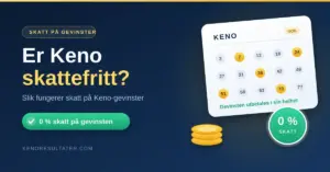 Grafikk med teksten «Er Keno skattefritt?» ved siden av en Keno-kupong med tallrekker, en myntstabel og et grønt segl med «0 % skatt», som illustrerer at Keno-gevinster er skattefrie i Norge.