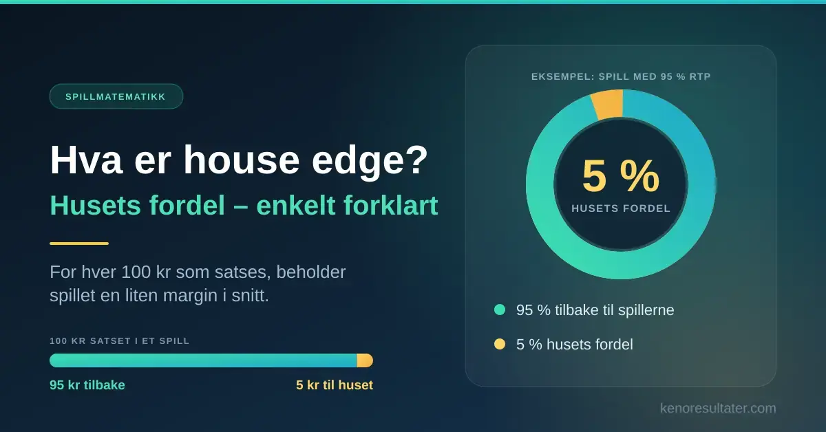 Grafikk som forklarer husets fordel: et sirkeldiagram viser at 95 prosent av innsatsen går tilbake til spillerne, mens 5 prosent blir igjen som husets fordel.