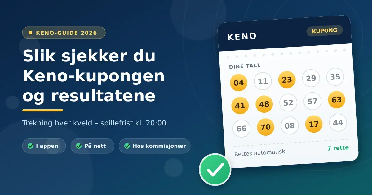 Grafikk med tittelen «Slik sjekker du Keno-kupongen og resultatene», der en illustrert Keno-kupong med avkryssede tall og et grønt hakemerke viser at kupongen er kontrollert.