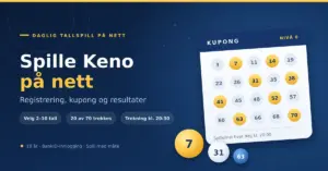 Grafikk med teksten «Spille Keno på nett – registrering, kupong og resultater», en digital Keno-kupong der åtte av tallene er markert, og tre trekningskuler med tallene 7, 31 og 63.